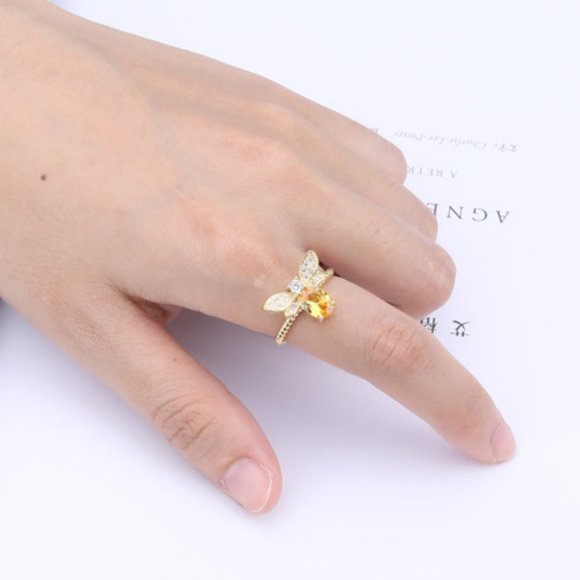 NEW 18K Gold Citrine Diamond Bee Adjustable Ring - Picture 2 of 5